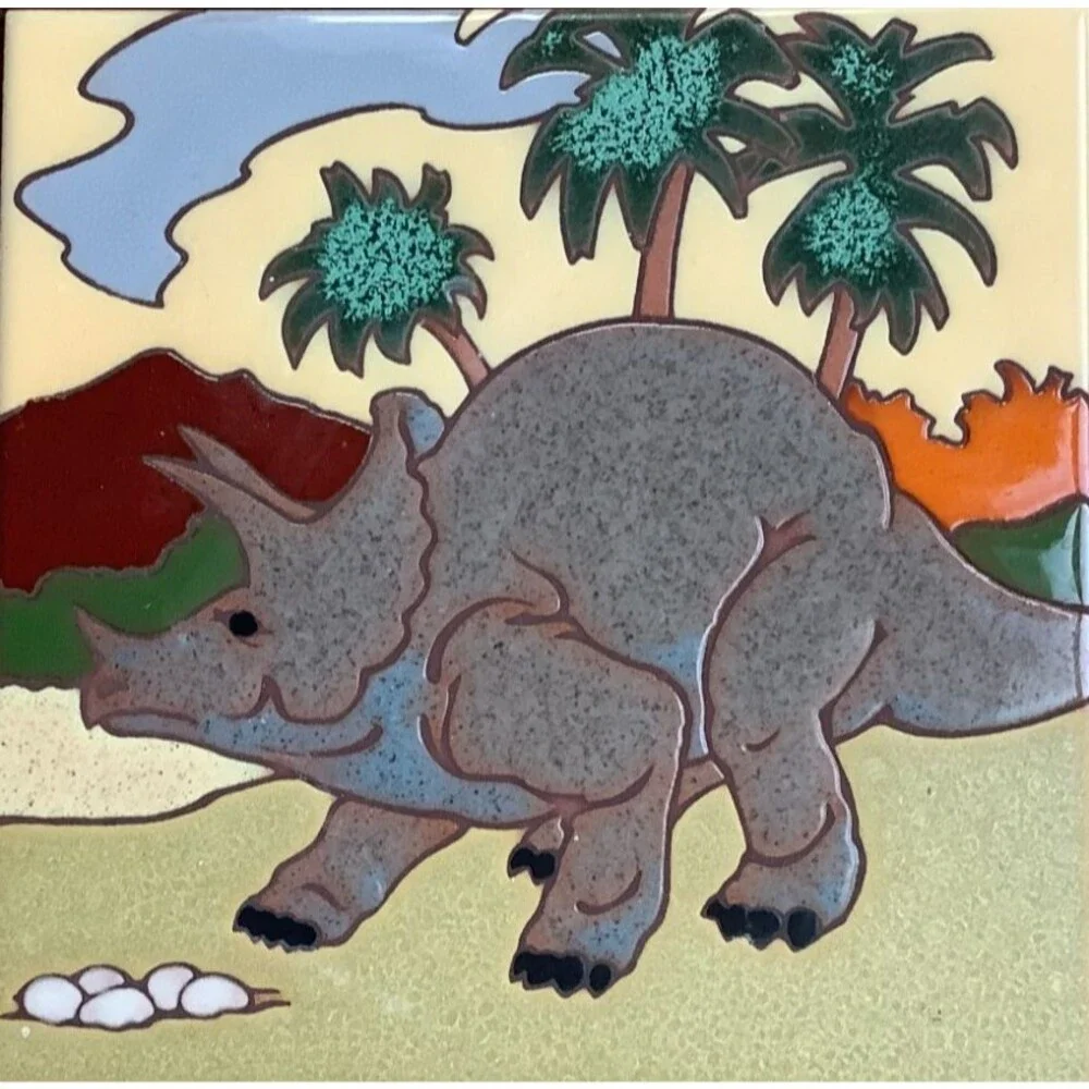 MCM Art Tile Pottery Triceratops Framed Trivet Nursery Decor Kid Room Dinosaurs